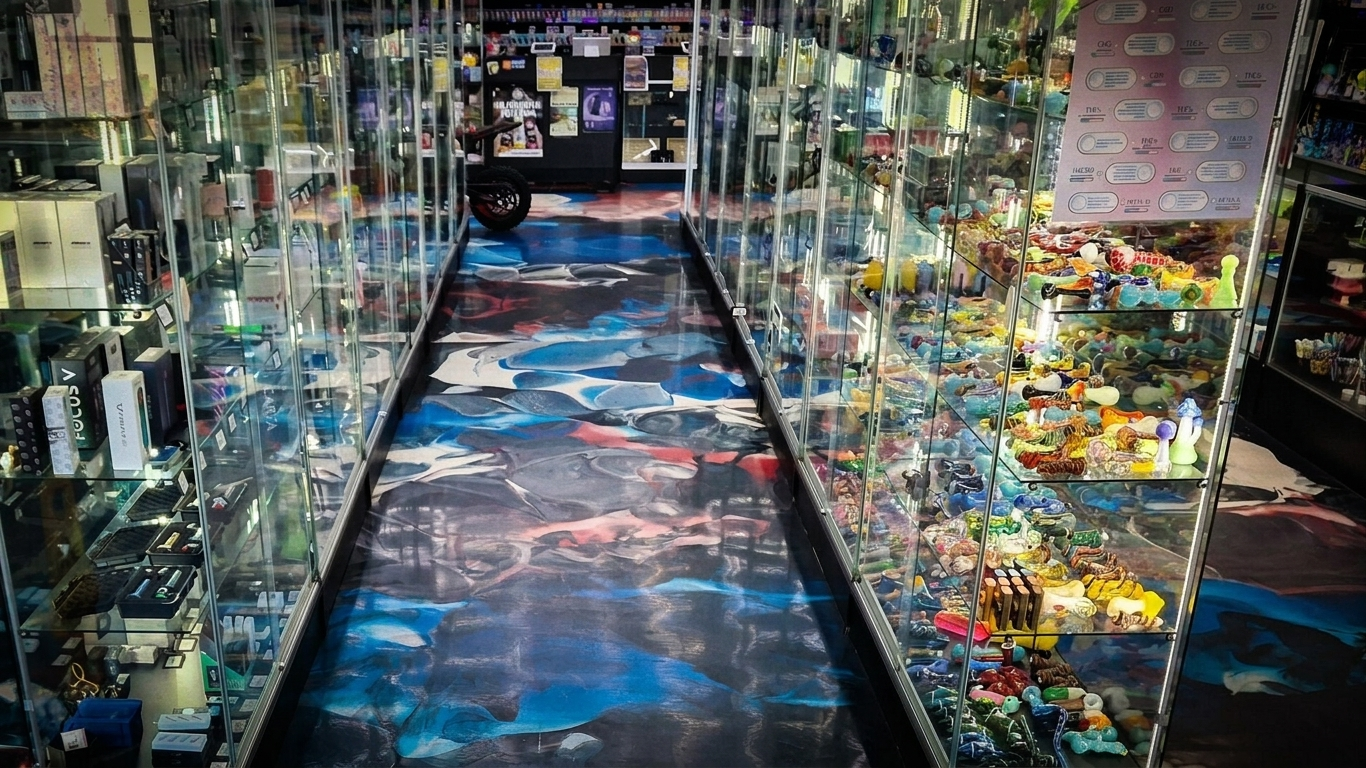 A center aisle of glass display cases inside Cloud Smoke Shop, the branded swirled epoxy floor running down the middle.