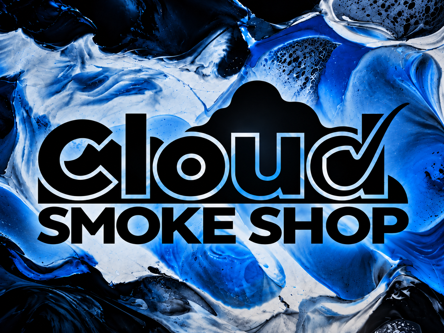 Swirling blue, black and white marbled paint with the Cloud Smoke Shop logo centered over it, in a taller crop.