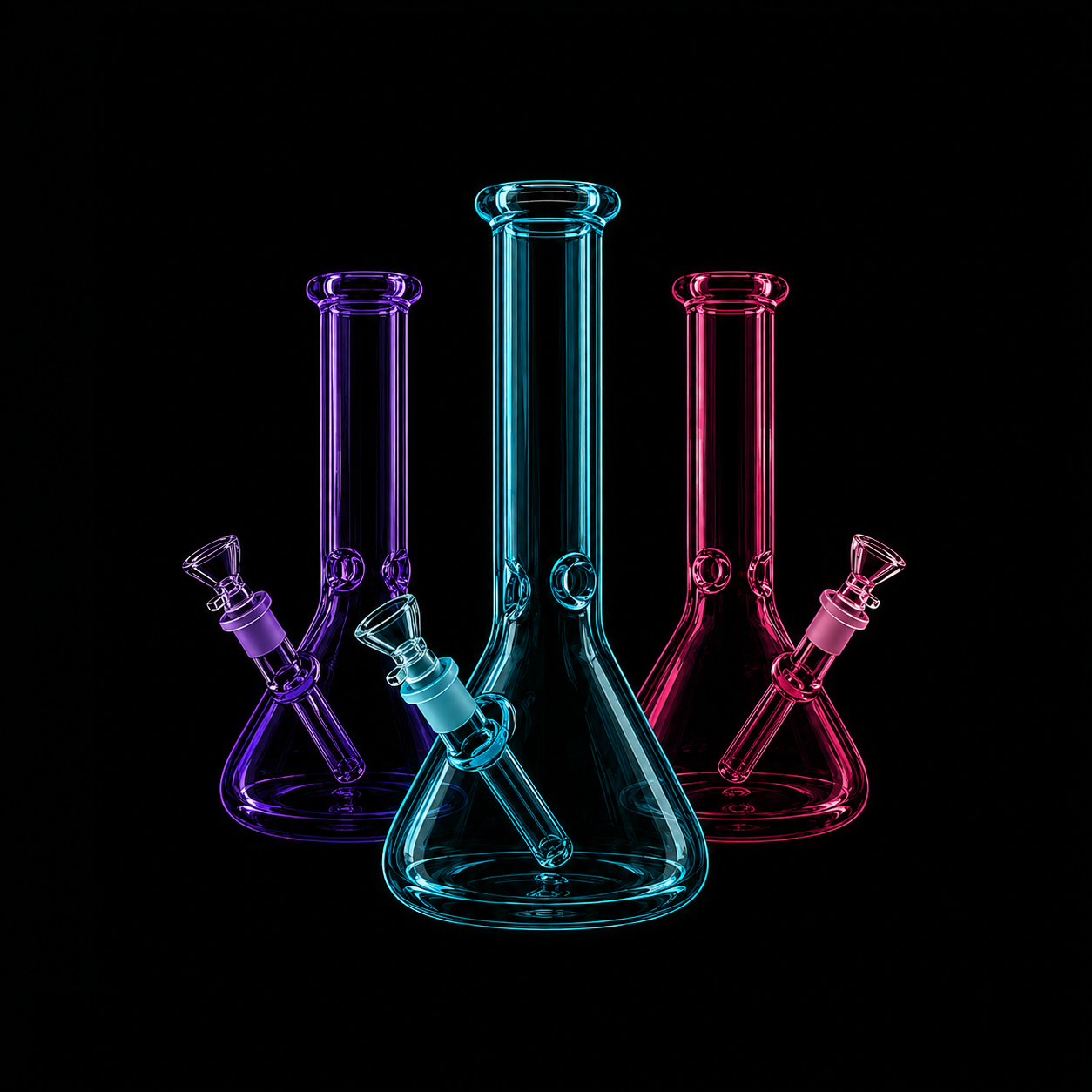 Three colorful glass beaker-style water pipes in blue, purple and pink against a dark background.